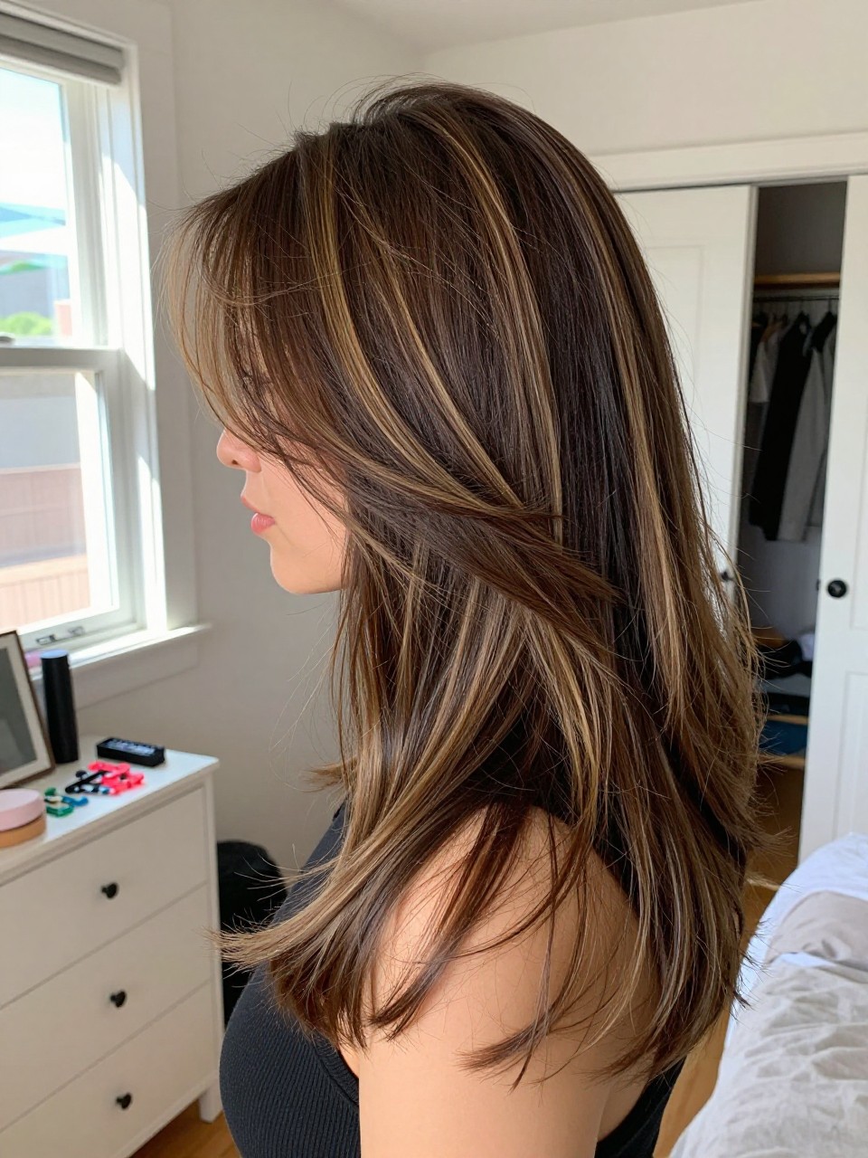 Photo of a woman wearing layered brunette hair with maple highlights and blended lowlights, side profile view, in a sun-drenched bedroom, natural window light, containing a small lived-in detail such as sectioning clips on the dresser and a slightly open closet behind, latest iPhone photo quality.