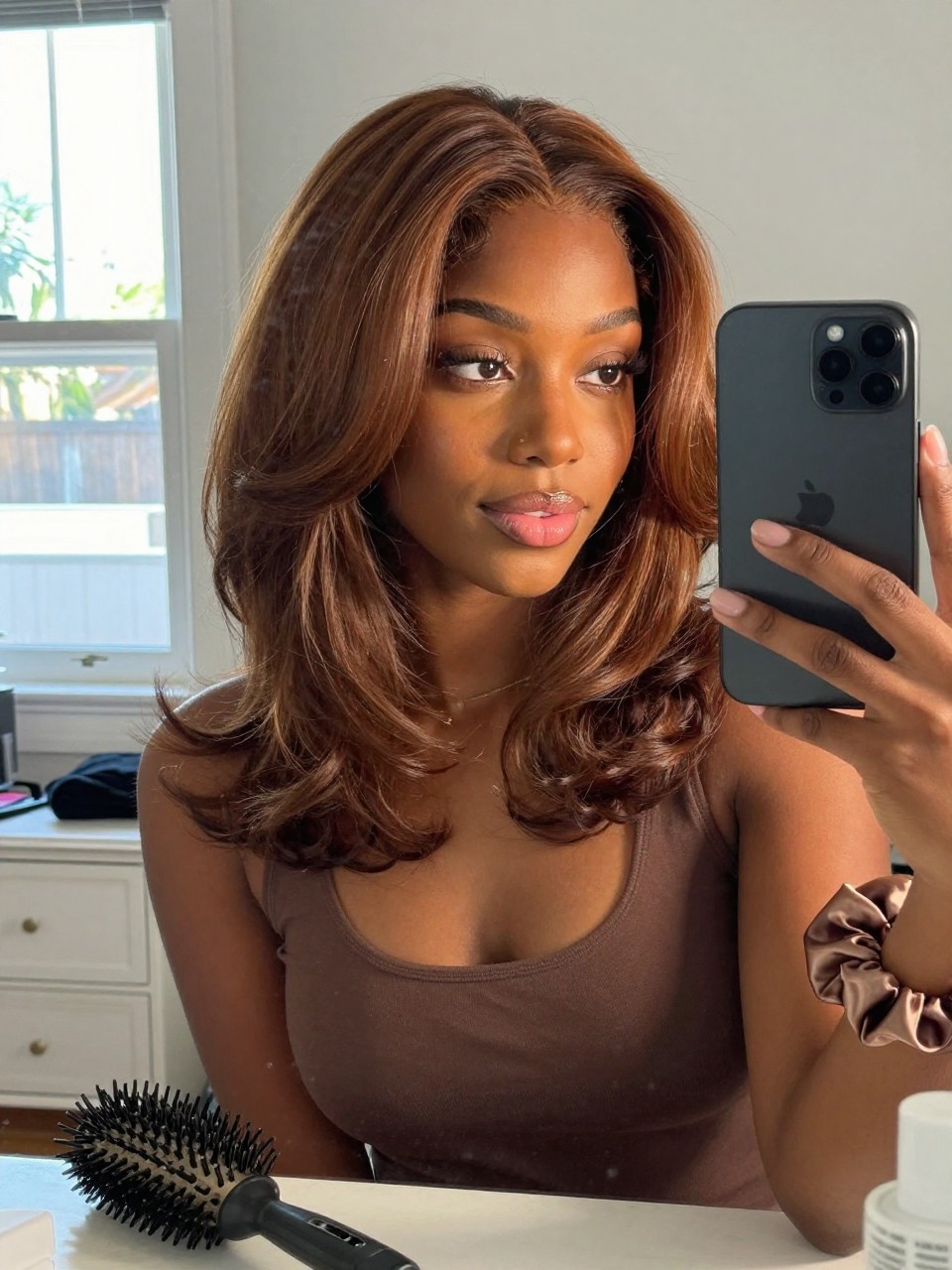 Photo of a black woman wearing warm cocoa brown hair with soft face-framing layers, candid mirror selfie, sun-drenched bedroom setting, natural window light, with a blowout brush on the dresser and a silk scrunchie on her wrist, latest iPhone photo quality.
