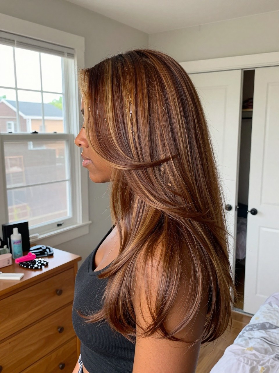 Photo of a black woman wearing long chestnut brown layers with honey chunky ribbon highlights, side profile view, in a sun-drenched bedroom, natural window light, containing a small lived-in detail such as sectioning clips on the dresser and a slightly open closet behind, latest iPhone photo quality.