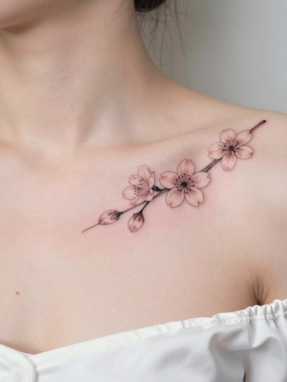 Image Prompt: "Close-up of two tiny sakura tattoos along the collarbone, black ink fine line floral design with soft cherry blossom petals and light shading, realistic skin texture, satin blouse neckline barely visible, feminine clean composition, close-up tattoo visibility, soft minimal background, tattoo is the clear main subject (no watermarks on images)"