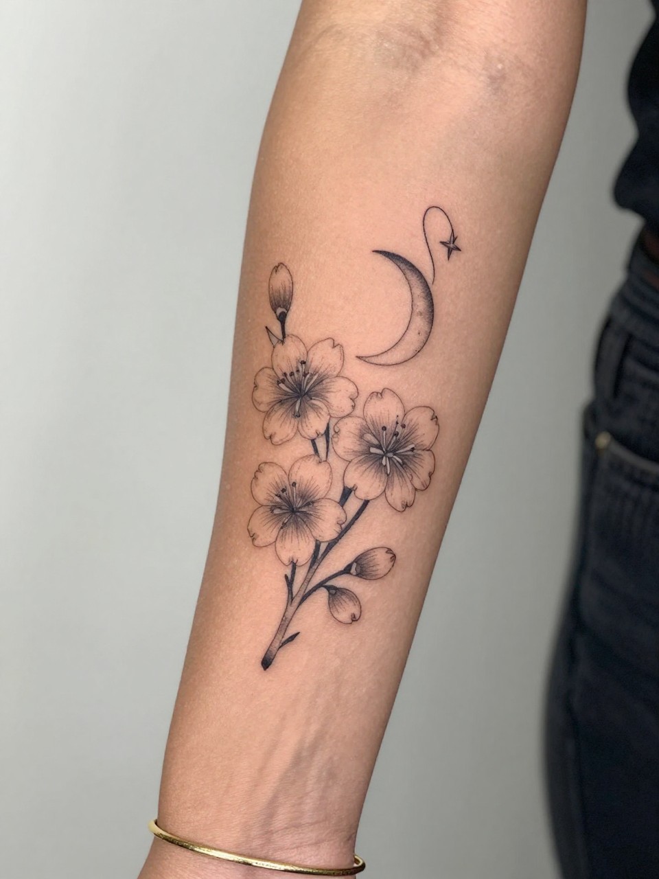 Image Prompt: "Design-focused close-up of a sakura tattoo with a tiny crescent moon on the inner arm of black feminine woman, black ink fine line floral design, delicate cherry blossom petals, soft shading, delicate celestial accent, realistic skin texture, gold bracelet lightly visible, feminine modern tattoo inspiration photo, clean soft background, tattoo is the hero (no watermarks on images)"