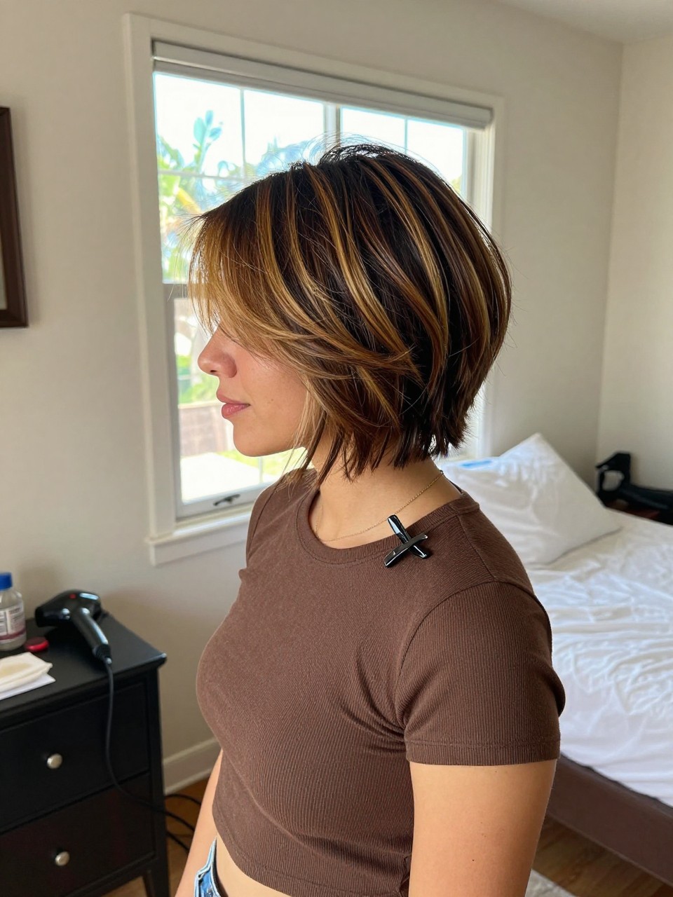 Photo of a MEXICAN woman wearing a short layered brown crop with honey highlights through the top and crown, side profile view, in a sun-drenched bedroom, natural window light, containing a small lived-in detail such as a blow dryer on the vanity and a hair clip clipped to the collar, latest iPhone photo quality.