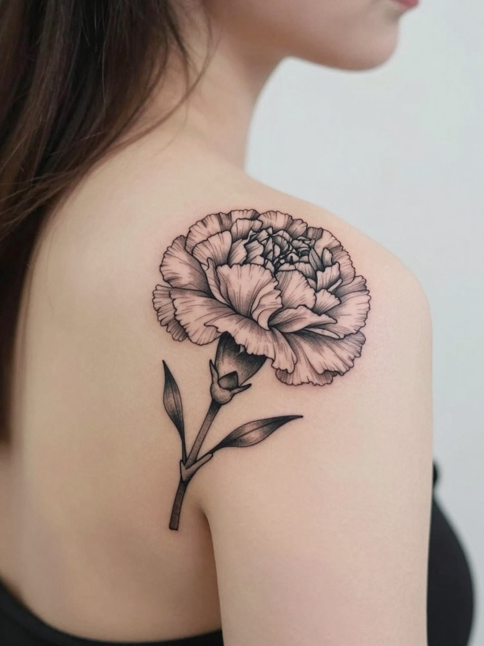 Image Prompt: "Design-focused close-up of a blooming carnation tattoo on the shoulder blade, black ink fine line floral style with soft grey shading, full ruffled petals, realistic skin texture, hair loosely pinned up, clean feminine styling, soft minimal background, tattoo fills most of the frame (no watermarks on images)"