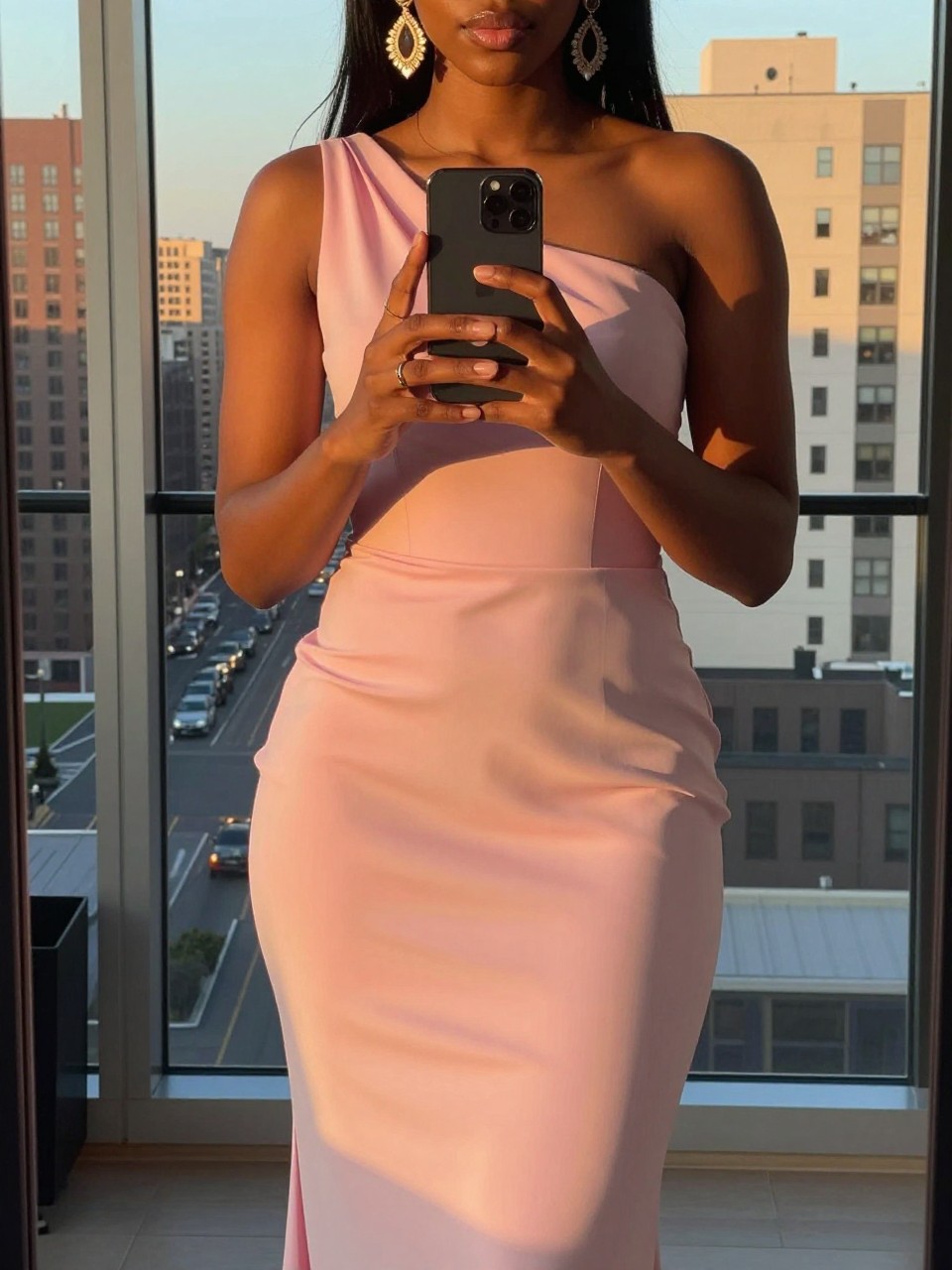 mirror selfie of a black woman in a pink gown with statement earrings, holding phone at chest, cropped at NECK so face doesn't show, in a city apartment, evening golden hour, iPhone photo quality.