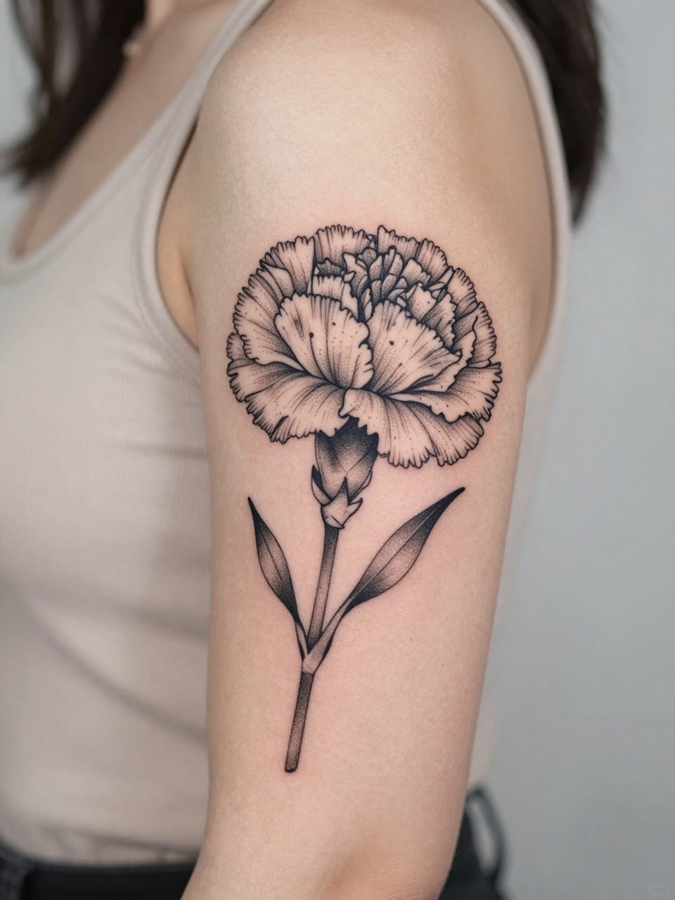 Image Prompt: "Extreme close-up of a carnation flower tattoo with soft dotwork accents on the upper arm, black ink fine line floral design, layered ruffled petals, subtle dotwork detail, light shading, realistic skin texture, sleeveless neutral top softly visible, feminine lifestyle-inspired tattoo image, minimal clean background, tattoo is the main focus (no watermarks on images)"