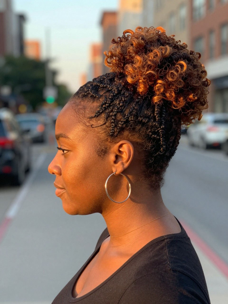 Photo of a Black woman wearing a high ponytail on natural curls with amber highlights shining through the top, side profile view, in a softly blurred city street background, golden hour glow, containing a small lived-in detail such as hoop earrings peeking through and a hair tie on the wrist, latest iPhone photo quality.