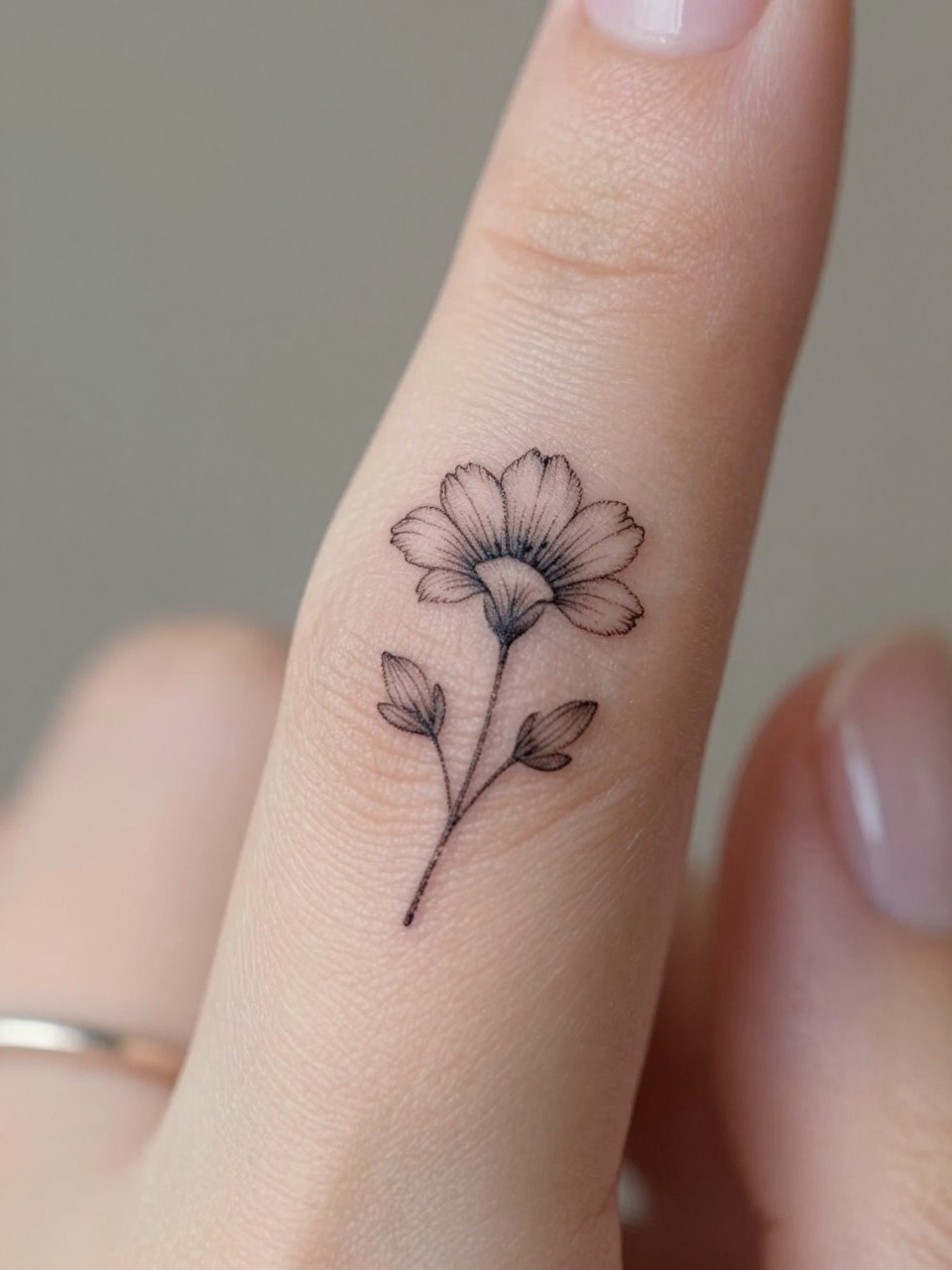 Image Prompt: "Macro shot of a micro fine line flower tattoo on the side of the finger, black ink floral design, tiny stem and delicate petals, minimalist micro tattoo style, realistic skin texture, delicate rings, neutral manicure, very tight crop, soft blurred background, feminine tattoo inspiration photo with tattoo as the main focus (no watermarks on images)"
