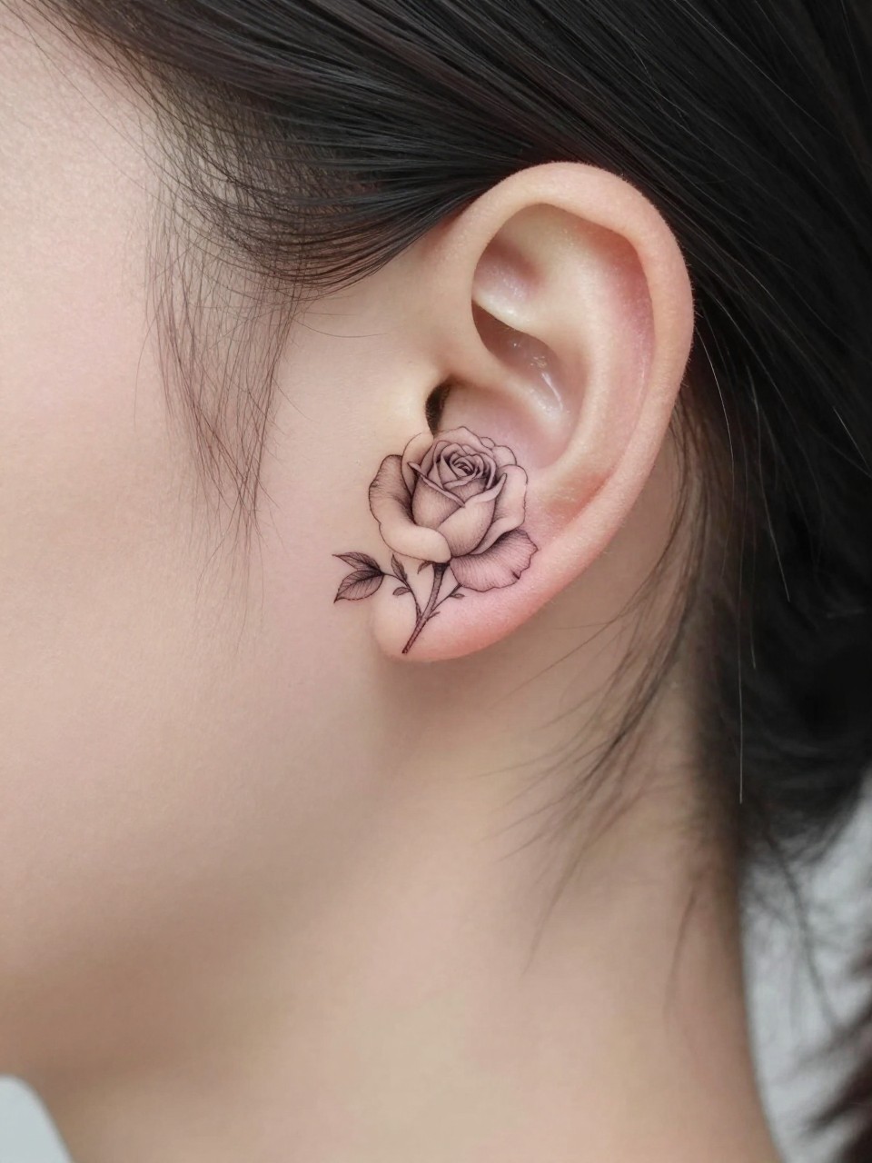 Image Prompt: "Extreme close-up of a small rose flower tattoo behind the ear, fine line black ink floral design with delicate layered petals and soft shading, realistic skin texture, a few loose hair strands framing the placement, minimal feminine styling, tight crop, clean soft background, tattoo is the hero of the image (no watermarks on images)"