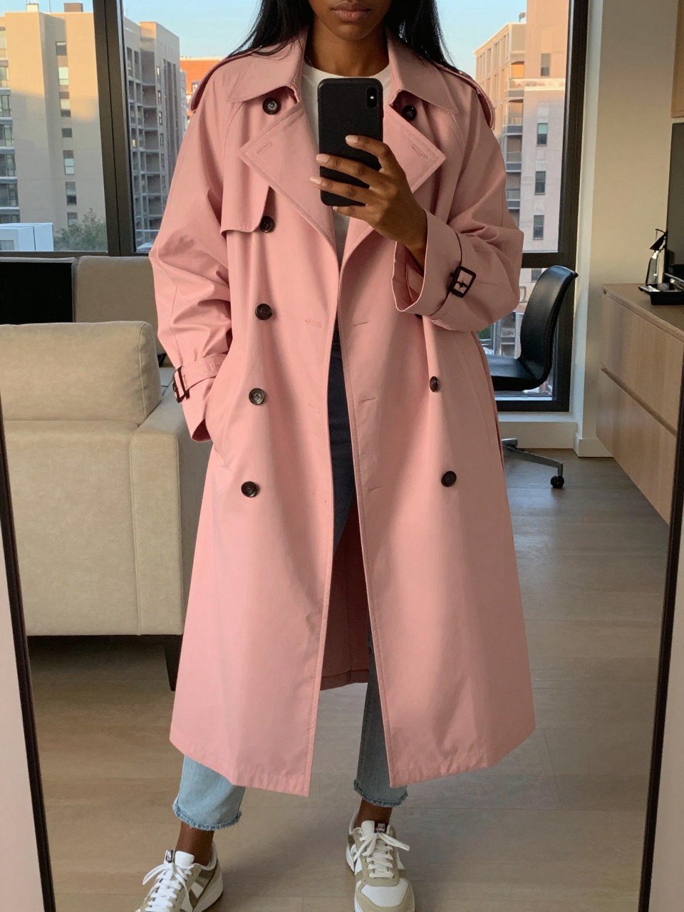 mirror selfie of a black woman in a pink trench coat over cream and beige neutrals with sneakers, phone held at chest, cropped at NECK so face doesn't show, in a city apartment, evening golden hour, iPhone photo quality.