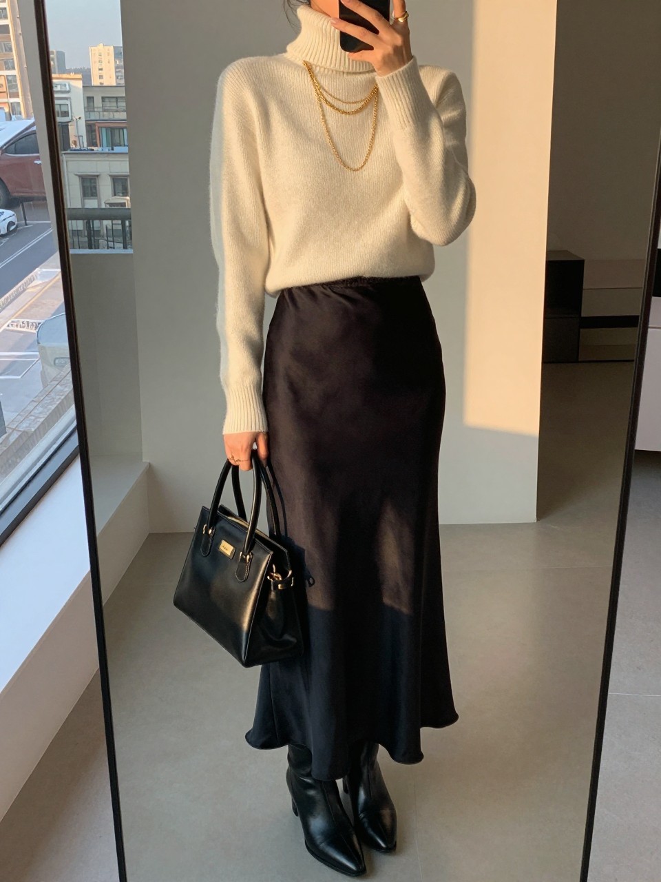 iPhone mirror selfie of a woman wearing a cream fine-knit turtleneck tucked into a black satin maxi skirt with layered gold necklaces and black leather ankle boots, holding a structured black handbag, standing in an elegant pose, cropped at NECK so face doesn't show, in a city apartment, evening golden hour, iPhone photo quality.