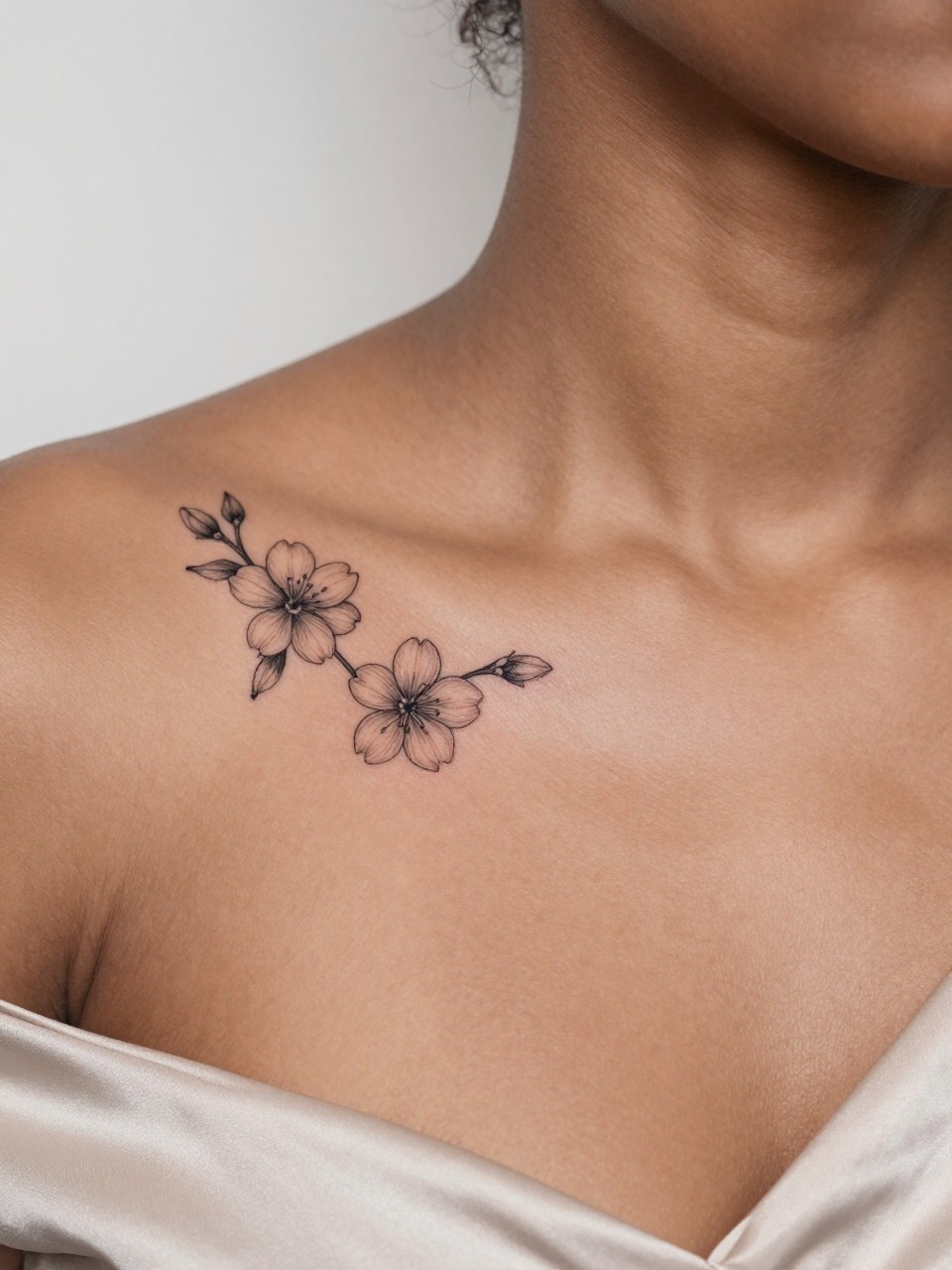 Image Prompt: "Close-up of two tiny larkspur tattoos along the collarbone of black feminine woman, black ink fine line floral design with soft blossoms and light shading, realistic skin texture, satin blouse neckline barely visible, feminine clean composition, close-up tattoo visibility, soft minimal background, tattoo is the clear main subject (no watermarks on images)"