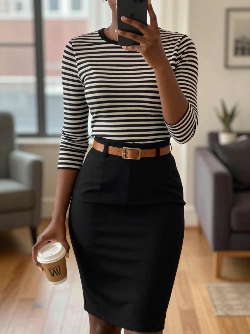 iPhone mirror selfie of a black woman wearing a striped long-sleeve tee tucked into a black pencil skirt with a tan belt, holding a small coffee cup in one hand while the other holds her phone, cropped at NECK so face doesn't show, in a bright city apartment, warm moody lighting, iPhone photo quality.