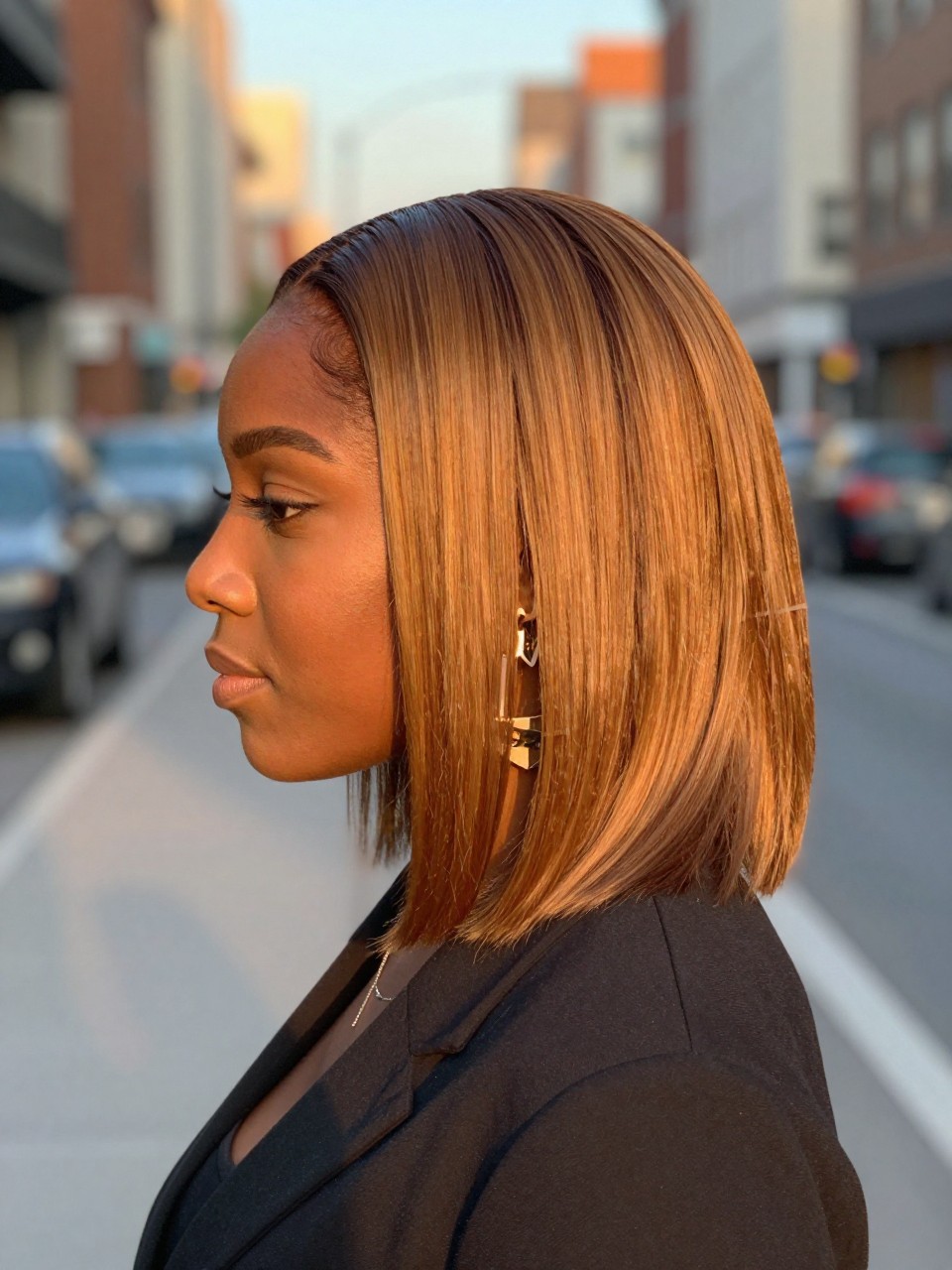 Photo of a black woman wearing golden espresso glossy hair styled sleek and smooth, side profile view, softly blurred city street background, golden hour glow, with statement earrings peeking through and a hair clip clipped to her collar, latest iPhone photo quality.