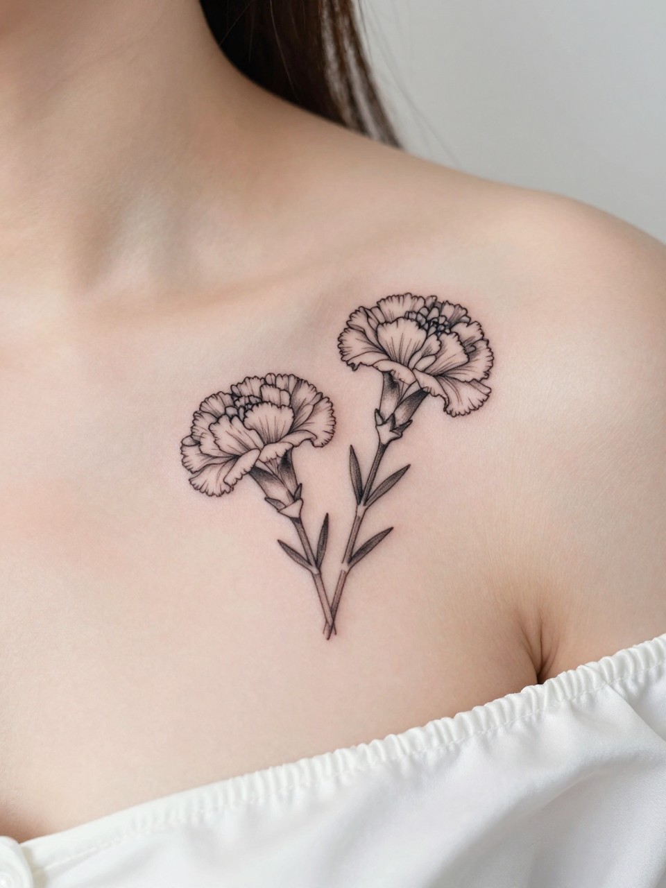 Image Prompt: "Close-up of two tiny carnation tattoos along the collarbone, black ink fine line floral design with soft layered petals and light shading, realistic skin texture, satin blouse neckline barely visible, feminine clean composition, close-up tattoo visibility, soft minimal background, tattoo is the clear main subject (no watermarks on images)"