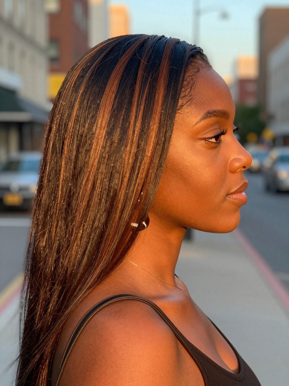 Photo of a Black woman wearing long straight dark hair with honey brown face-framing highlights, side profile view, in a softly blurred city street background, golden hour glow, containing a small lived-in detail such as statement earrings peeking through and a crossbody strap on the shoulder, latest iPhone photo quality.