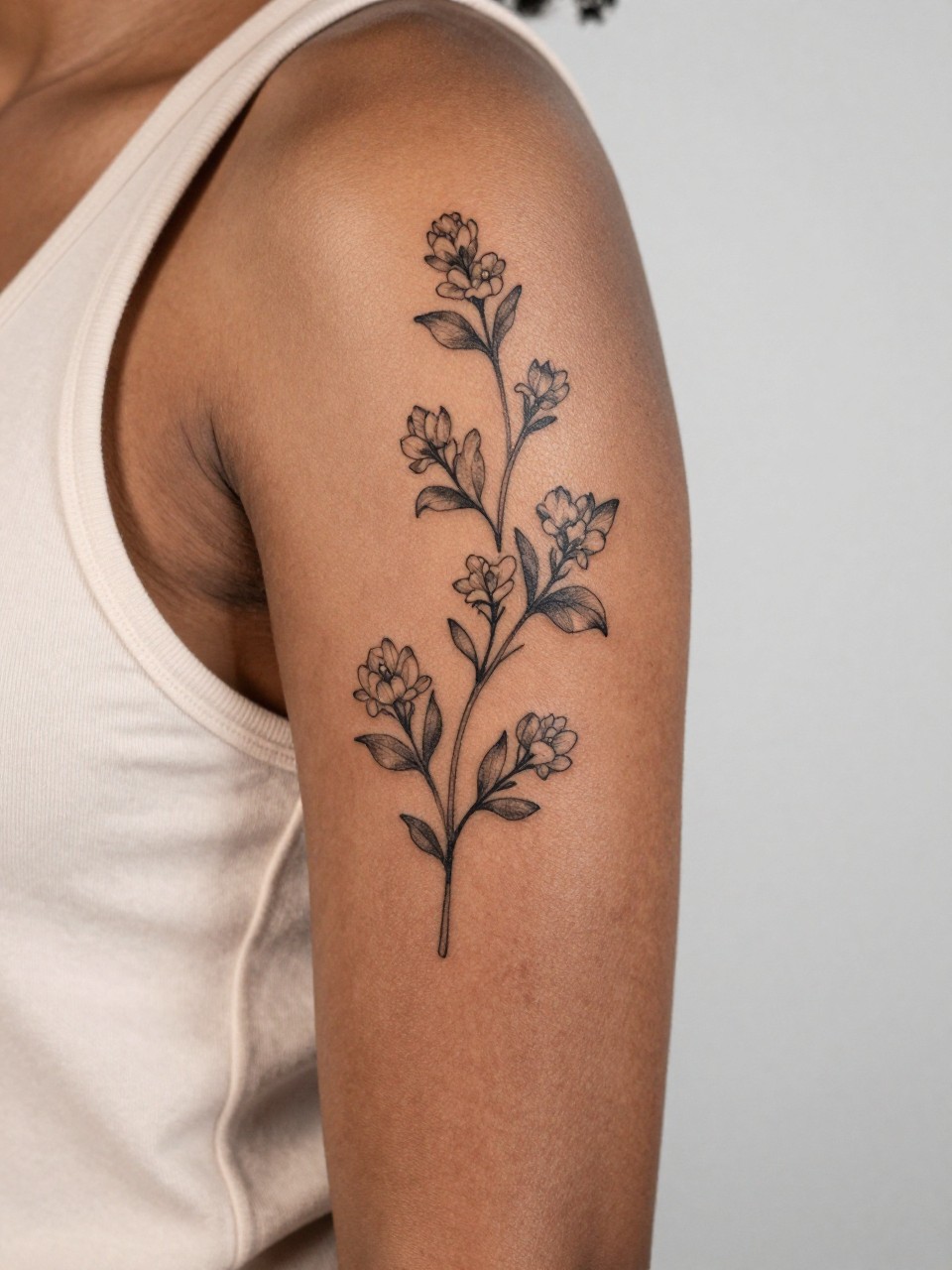 Image Prompt: "Close-up of a jasmine vine tattoo on the upper arm of black feminine woman, black ink floral design with fine line trailing stem, tiny blossoms, and soft grey shading, medium-size composition, realistic skin texture, sleeveless blouse edge softly visible, modern feminine tattoo inspiration image, minimal clean background, tattoo dominates the image (no watermarks on images)"