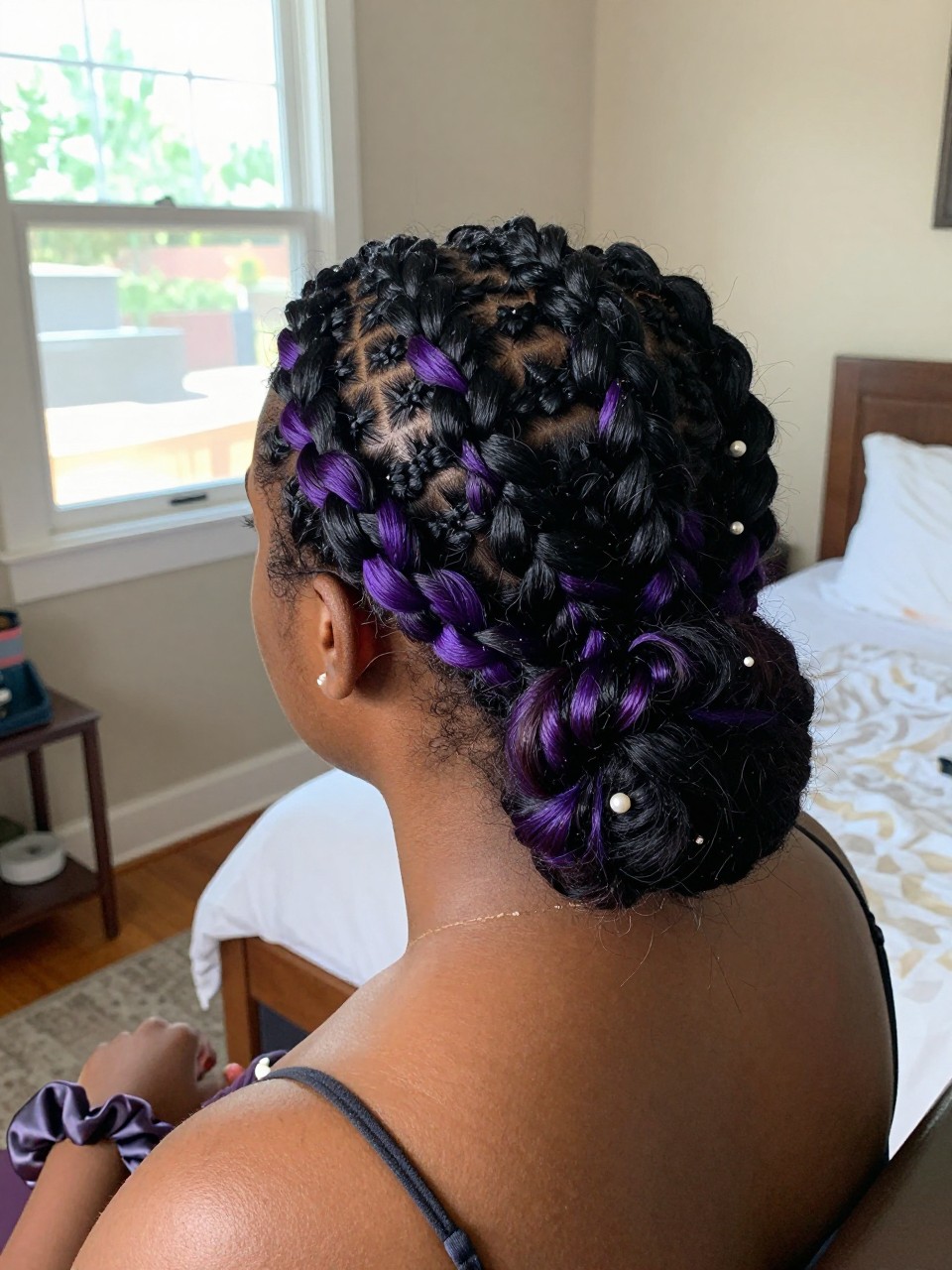 Photo of a black woman wearing a low textured bun on black hair with purple peekaboo highlights woven through the twists, back-of-head view to highlight details, in a sun-drenched bedroom, natural window light, containing a small lived-in detail such as a pearl pin and a silk scrunchie on the wrist, latest iPhone photo quality.