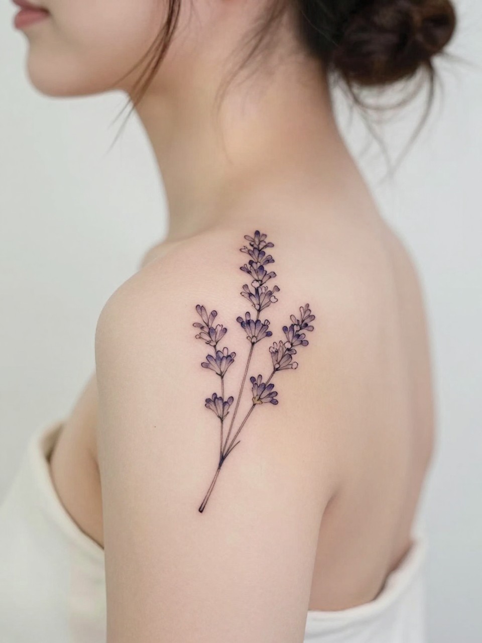 Image Prompt: "Design-focused close-up of a lavender stem tattoo along the shoulder line, black ink fine line floral design with tiny clustered blossoms, subtle soft shading, slender elegant layout, realistic skin texture, hair loosely pinned up, feminine modern tattoo inspiration photo, soft clean background, tattoo is the hero of the frame (no watermarks on images)"