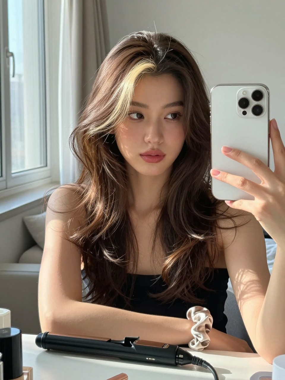 Photo of a woman wearing brunette hair with a vanilla blonde money piece and soft face-framing waves, candid mirror selfie, sun-drenched bedroom setting, natural window light, with a flat iron on the vanity and a silk scrunchie on her wrist, latest iPhone photo quality.