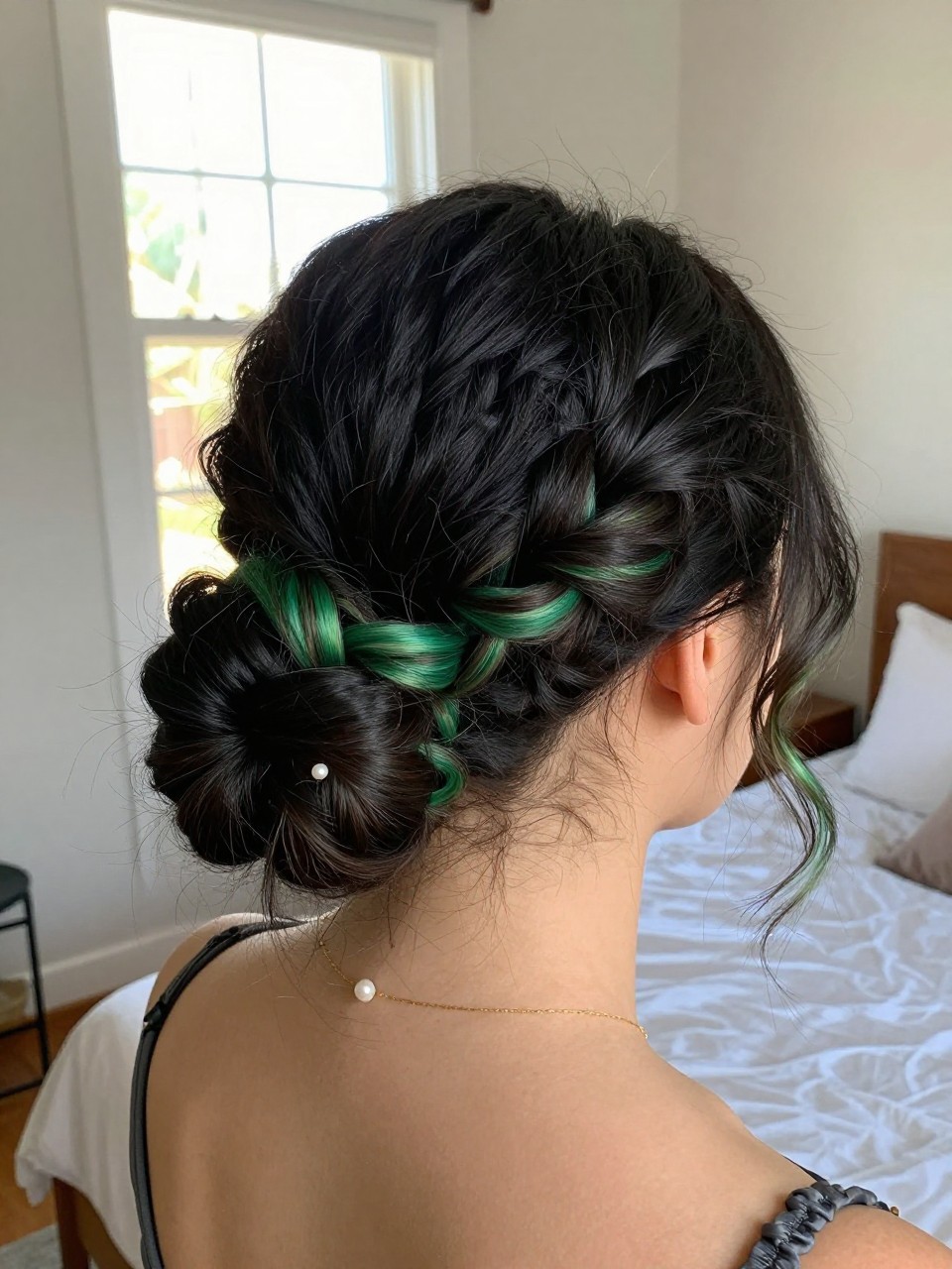 Photo of a white woman wearing a low textured bun on black hair with green peekaboo highlights woven through the twists, back-of-head view to highlight details, in a sun-drenched bedroom, natural window light, containing a small lived-in detail such as a pearl pin and a silk scrunchie on the wrist, latest iPhone photo quality.