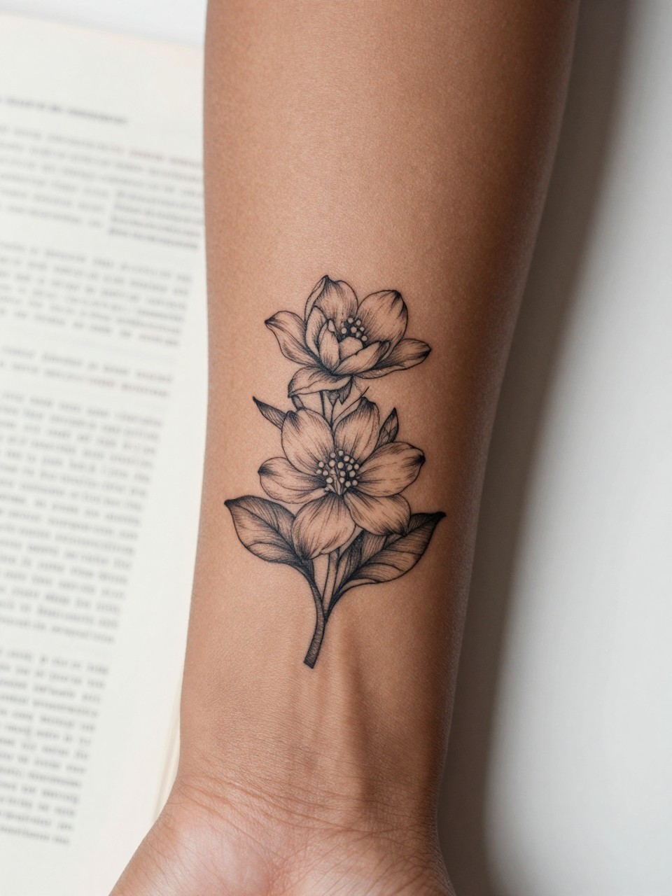 Image Prompt: "Close-up of a jasmine flower tattoo with tiny handwritten name script on the inner forearm of a black woman, black ink fine line floral design, delicate petals, soft shading, elegant cursive detail, realistic skin texture, book page underneath the arm, feminine soft lifestyle context, clean background, tattoo-centered inspiration photo (no watermarks on images)"