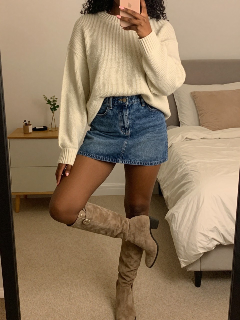 mirror selfie of a Black woman wearing a denim mini skirt with an oversized cream sweater and knee-high boots, standing with her weight on one leg and phone in hand, cropped at NECK so face doesn't show, in a feminine-themed bedroom, warm moody lighting, iPhone photo quality.