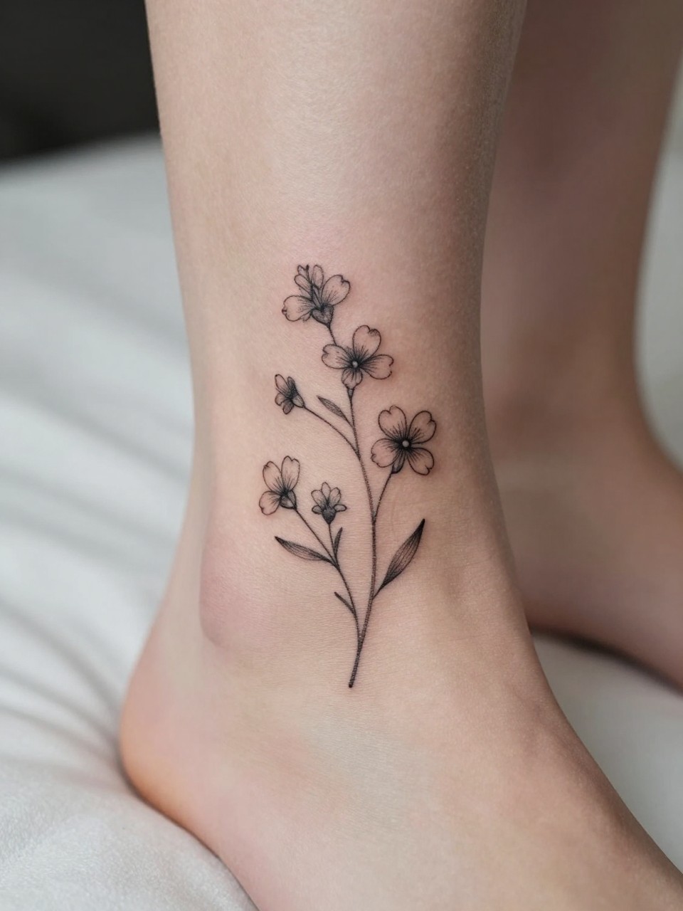 Image Prompt: "Macro shot of a minimalist hawthorne tattoo on the ankle, black ink fine line floral design with tiny blossoms and very subtle shading, realistic skin texture, neutral pedicure, soft bedding in the background, design-first composition, modern feminine tattoo inspiration photo, tattoo clearly in focus (no watermarks on images)"