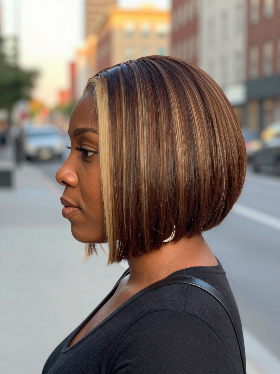 Photo of a black woman wearing a short blunt brown lob with creamy highlights and a sleek straight finish, side profile view, in a softly blurred city street background, golden hour glow, containing a small lived-in detail such as statement earrings peeking through and a crossbody strap on the shoulder, latest iPhone photo quality.