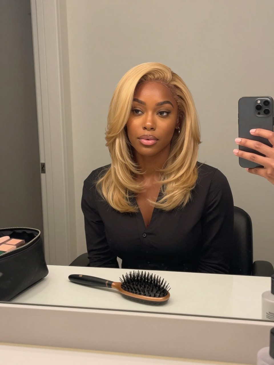Photo of a black woman wearing butter blonde hair with soft face-framing layers, candid mirror selfie, bathroom vanity mirror setting, soft indoor lighting, with a blowout brush on the counter and a makeup bag nearby, latest iPhone photo quality.