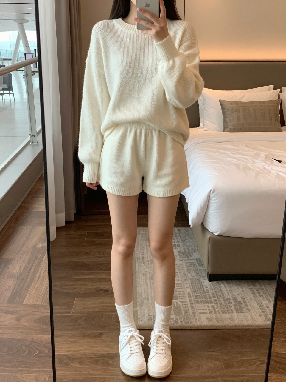 iPhone mirror selfie of a woman in a white knit set and white sneakers, standing in an airport or hotel lobby, cropped at NECK so face doesn't show, in a feminine-themed bedroom, warm moody lighting, iPhone photo quality.
