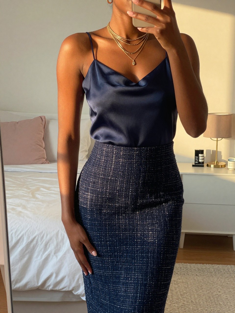 iPhone mirror selfie of a black woman wearing a silk camisole tucked into a navy tweed pencil skirt with layered gold necklaces, one hand gently resting on her hip, cropped at NECK so face doesn't show, in a feminine-themed bedroom, evening golden hour, iPhone photo quality.