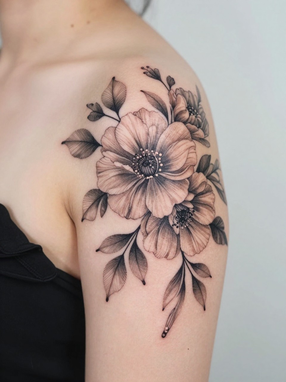 Image Prompt: "Extreme close-up of a soft shaded floral shoulder tattoo piece, black and grey ink with mixed flowers, layered petals, soft smooth shading, fine line leaves, elegant flowing composition across the shoulder, realistic skin texture, sleeveless blouse edge softly visible, design-focused close-up, modern feminine tattoo inspiration photo, clean soft background, tattoo is the clear hero (no watermarks on images)"