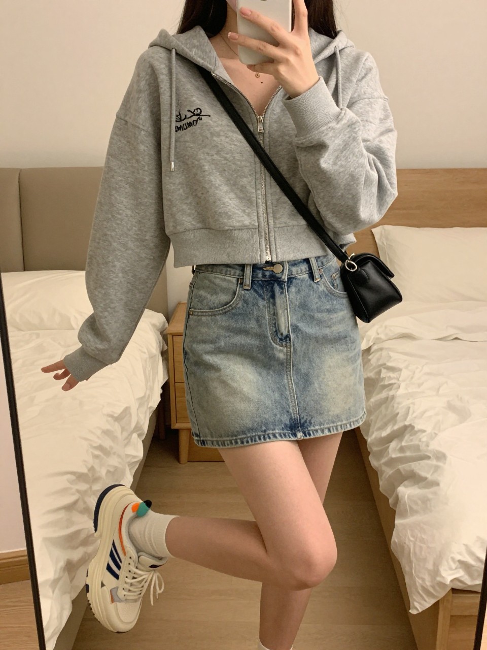 iPhone mirror selfie of a woman wearing a heather grey cropped zip-up hoodie with a light-wash denim mini skirt and chunky white sneakers with colorful details, tiny black bag worn crossbody, standing in a playful pose, cropped at NECK so face doesn't show, in a feminine-themed bedroom, warm moody lighting, iPhone photo quality.