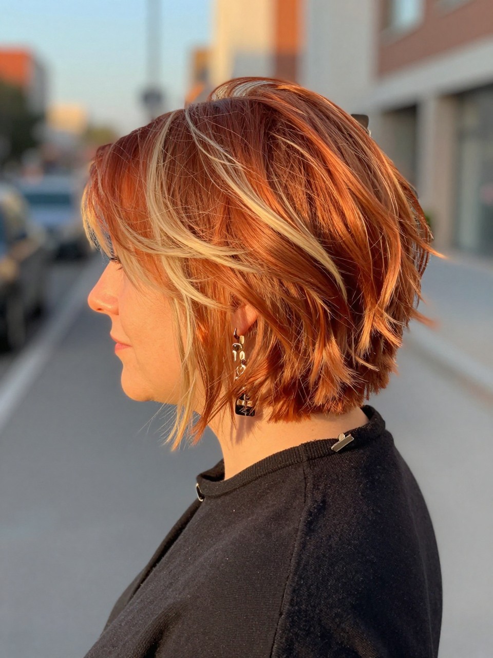 Photo of a woman wearing a tousled copper bob with butter blonde highlights and soft choppy texture, back-of-head view to highlight details, in a softly blurred city street background, golden hour glow, containing a small lived-in detail such as a hair clip clipped to the collar and statement earrings peeking through, latest iPhone photo quality.