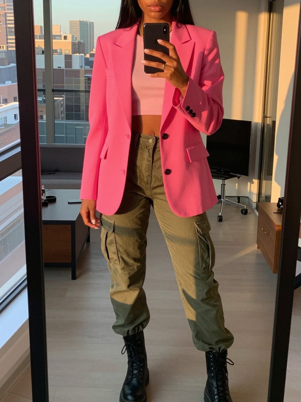 mirror selfie of a black woman in a hot pink blazer and crop top with olive cargo pants and combat boots, holding phone at chest, cropped at NECK so face doesn't show, in a city apartment, evening golden hour, iPhone photo quality.