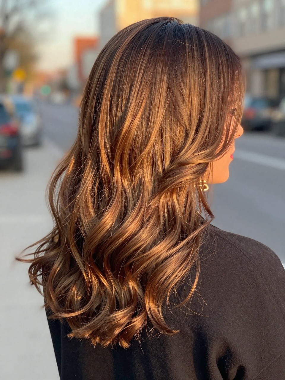 Photo of a woman wearing brunette hair with honey brown face-framing highlights and soft loose waves, back-of-head view to highlight the lighter front sections and warm brunette color, softly blurred city street background, golden hour glow, with statement earrings peeking through and a hair clip clipped to her collar, latest iPhone photo quality.