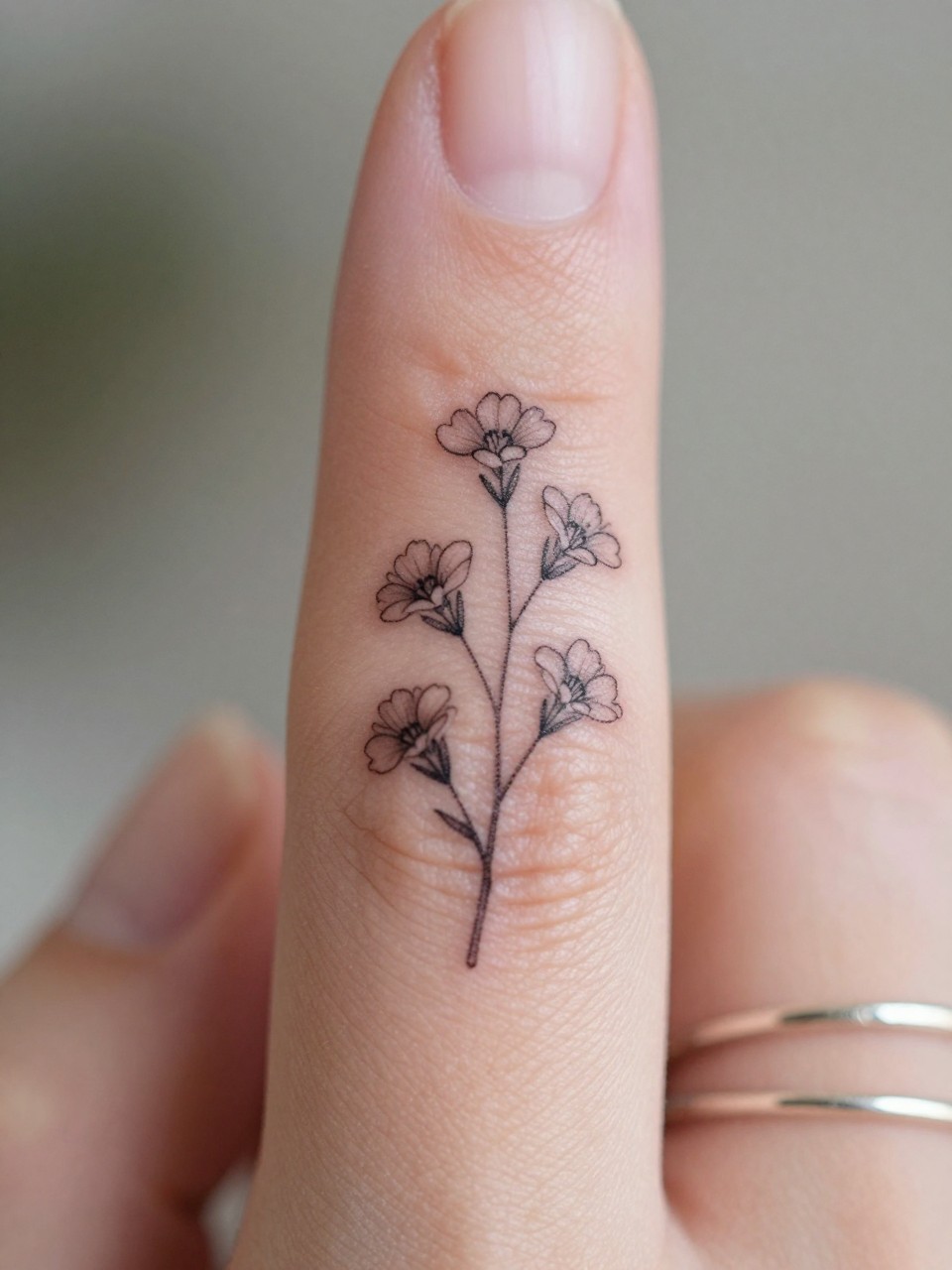 Image Prompt: "Design-focused close-up of a larkspur tattoo with a tiny crescent moon on the inner arm, black ink fine line floral design, delicate blossoms, soft shading, delicate celestial accent, realistic skin texture, gold bracelet lightly visible, feminine modern tattoo inspiration photo, clean soft background, tattoo is the hero (no watermarks on images)"
