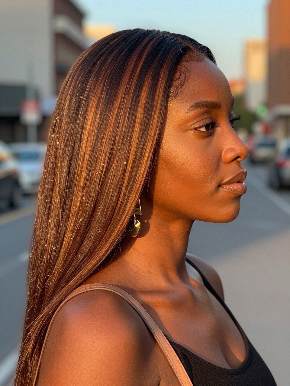 Photo of a Black woman wearing long straight brown hair with caramel face-framing highlights, side profile view, in a softly blurred city street background, golden hour glow, containing a small lived-in detail such as statement earrings peeking through and a crossbody strap on the shoulder, latest iPhone photo quality.