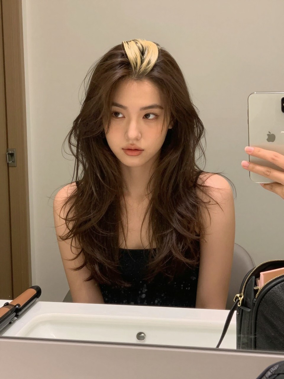Photo of a woman wearing brunette hair with a vanilla blonde money piece and soft face-framing waves, candid mirror selfie, bathroom vanity mirror setting, soft indoor lighting, with a flat iron on the counter and a makeup bag nearby, latest iPhone photo quality.