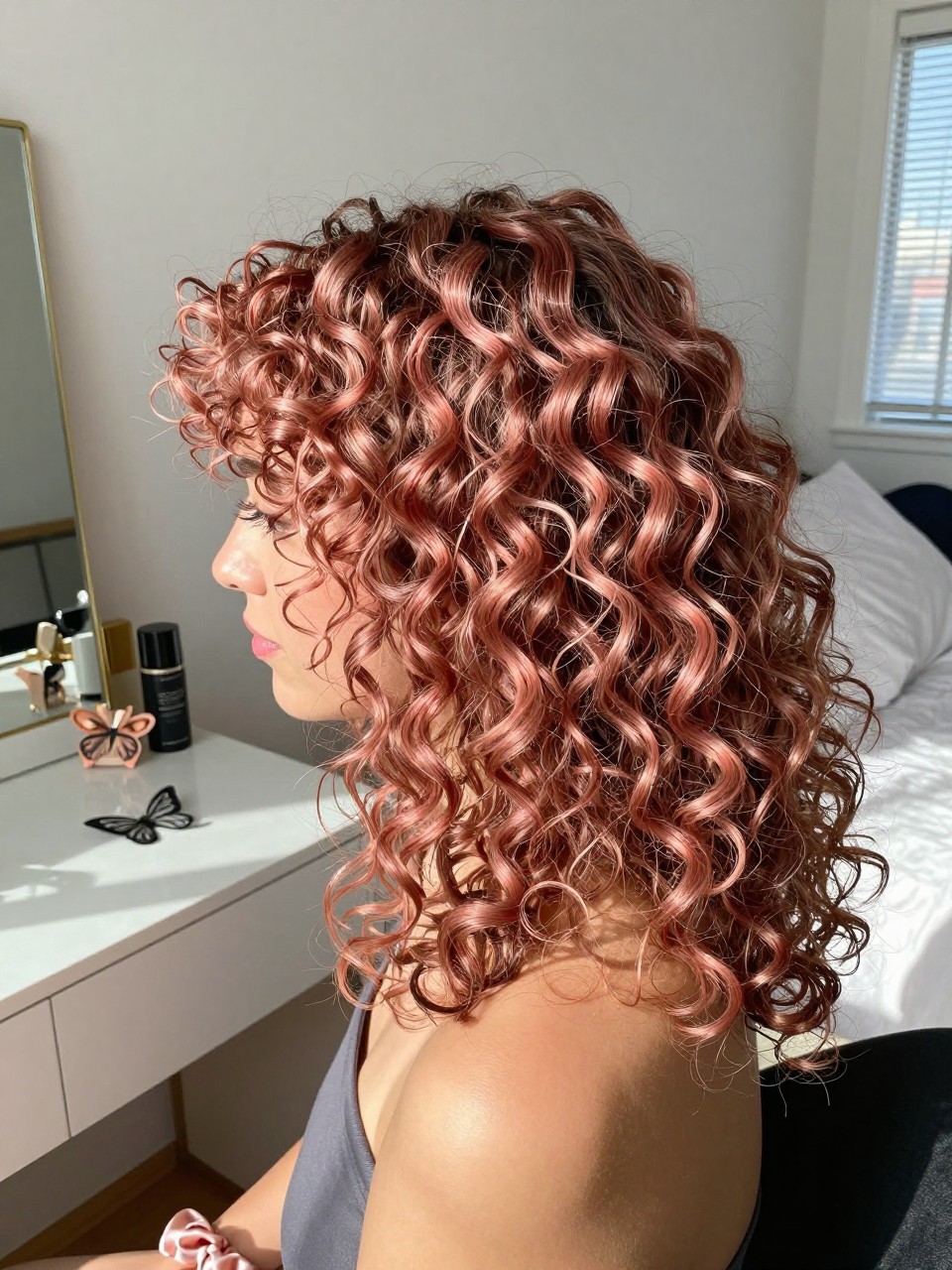 Photo of a woman wearing curly hair with rose gold highlights and soft defined ringlets, side profile view, sun-drenched bedroom setting, natural window light, with butterfly clips on the vanity and a silk scrunchie on her wrist, latest iPhone photo quality.