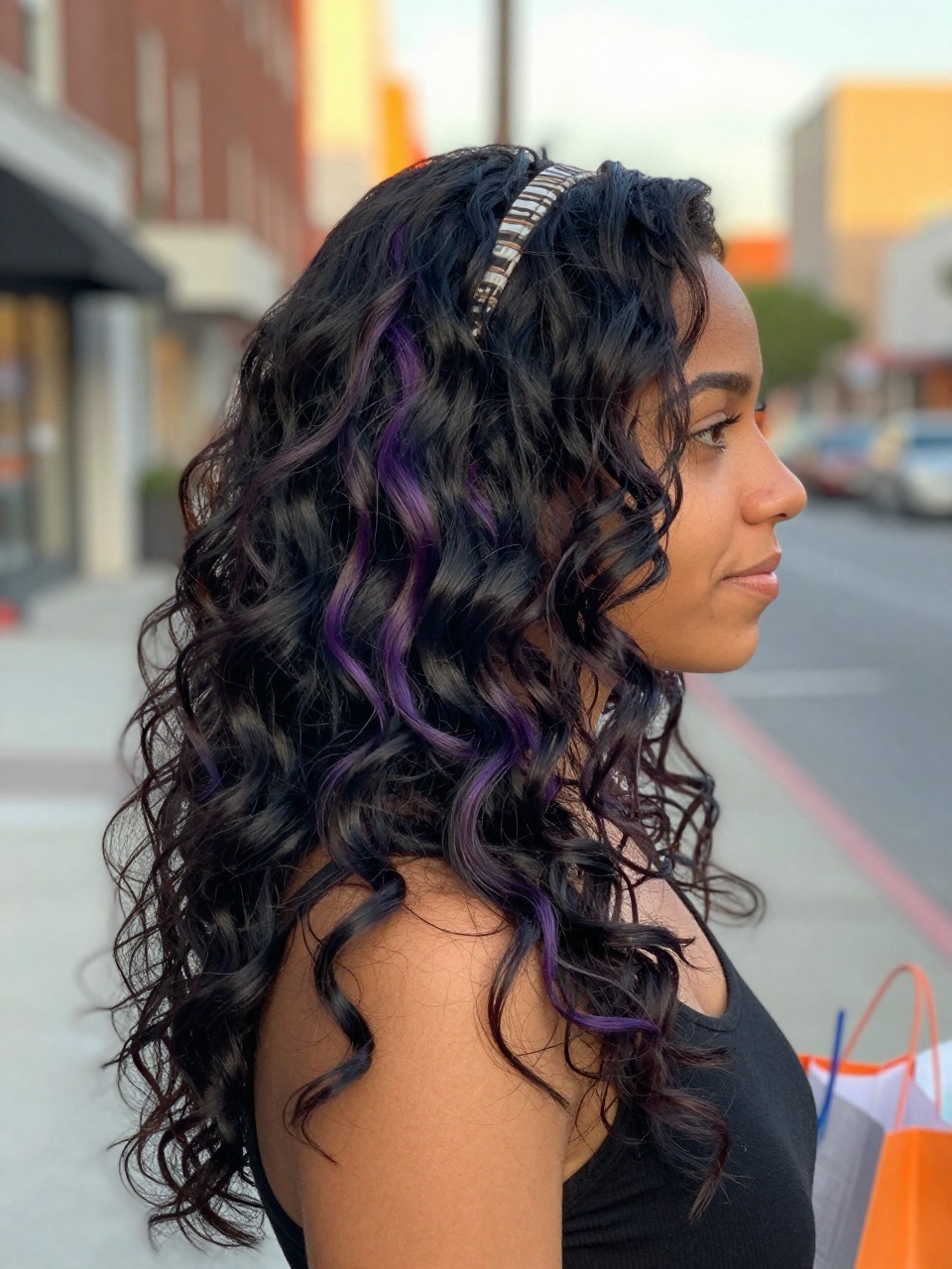 Photo of a biracial woman wearing beachy black waves with purple highlight streaks and soft texture, side profile view, in a softly blurred city street background, golden hour glow, containing a small lived-in detail such as a headband pushed back and a few shopping bags nearby, latest iPhone photo quality.