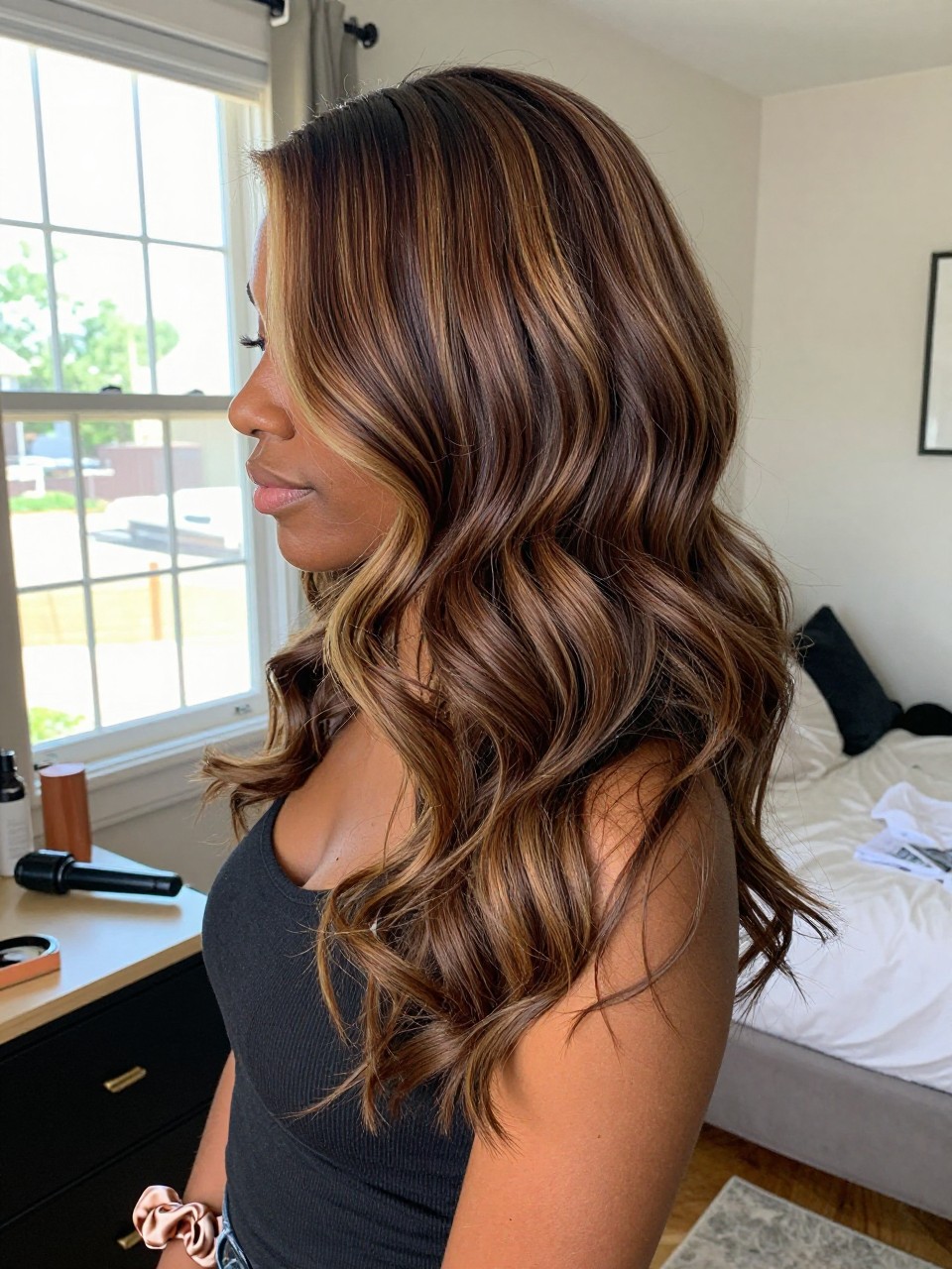 Photo of a black woman wearing soft mocha brown waves with caramel highlights and blended lowlights, side profile view, in a sun-drenched bedroom, natural window light, containing a small lived-in detail such as a curling iron on the counter and a silk scrunchie on the wrist, latest iPhone photo quality.