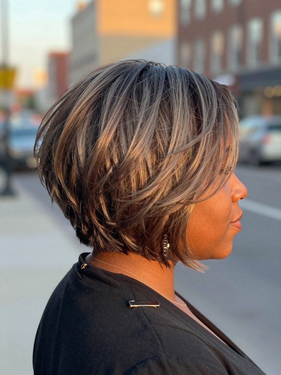 Photo of a black woman wearing a tousled ash brown bob with sandy highlights and soft choppy texture, back-of-head view to highlight details, in a softly blurred city street background, golden hour glow, containing a small lived-in detail such as a hair clip clipped to the collar and statement earrings peeking through, latest iPhone photo quality.