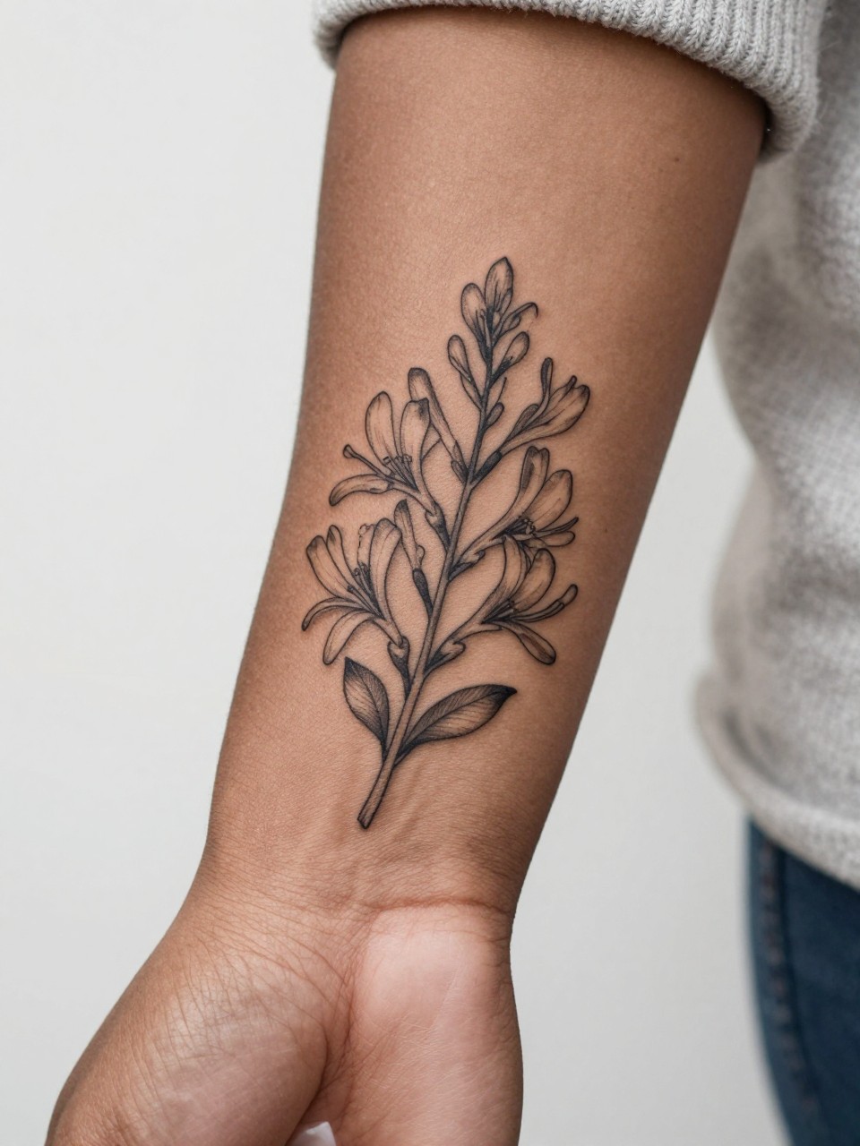 Image Prompt: "Extreme close-up of a small honeysuckle bouquet tattoo on the forearm of black woman, black ink fine line floral design with multiple delicate blooms, soft shading, elegant vine arrangement, realistic skin texture, neutral manicure, soft knit fabric slightly visible, design-focused tattoo inspiration photo, clean minimal background (no watermarks on images)"
