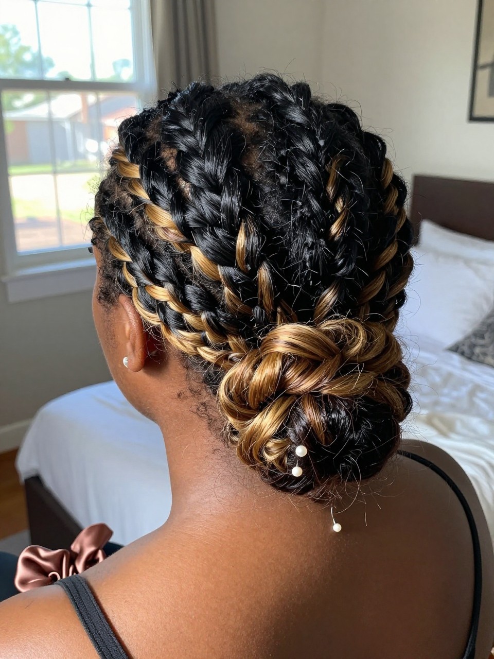 Photo of a black woman wearing a low textured bun on black hair with blonde peekaboo highlights woven through the twists, back-of-head view to highlight details, in a sun-drenched bedroom, natural window light, containing a small lived-in detail such as a pearl pin and a silk scrunchie on the wrist, latest iPhone photo quality.