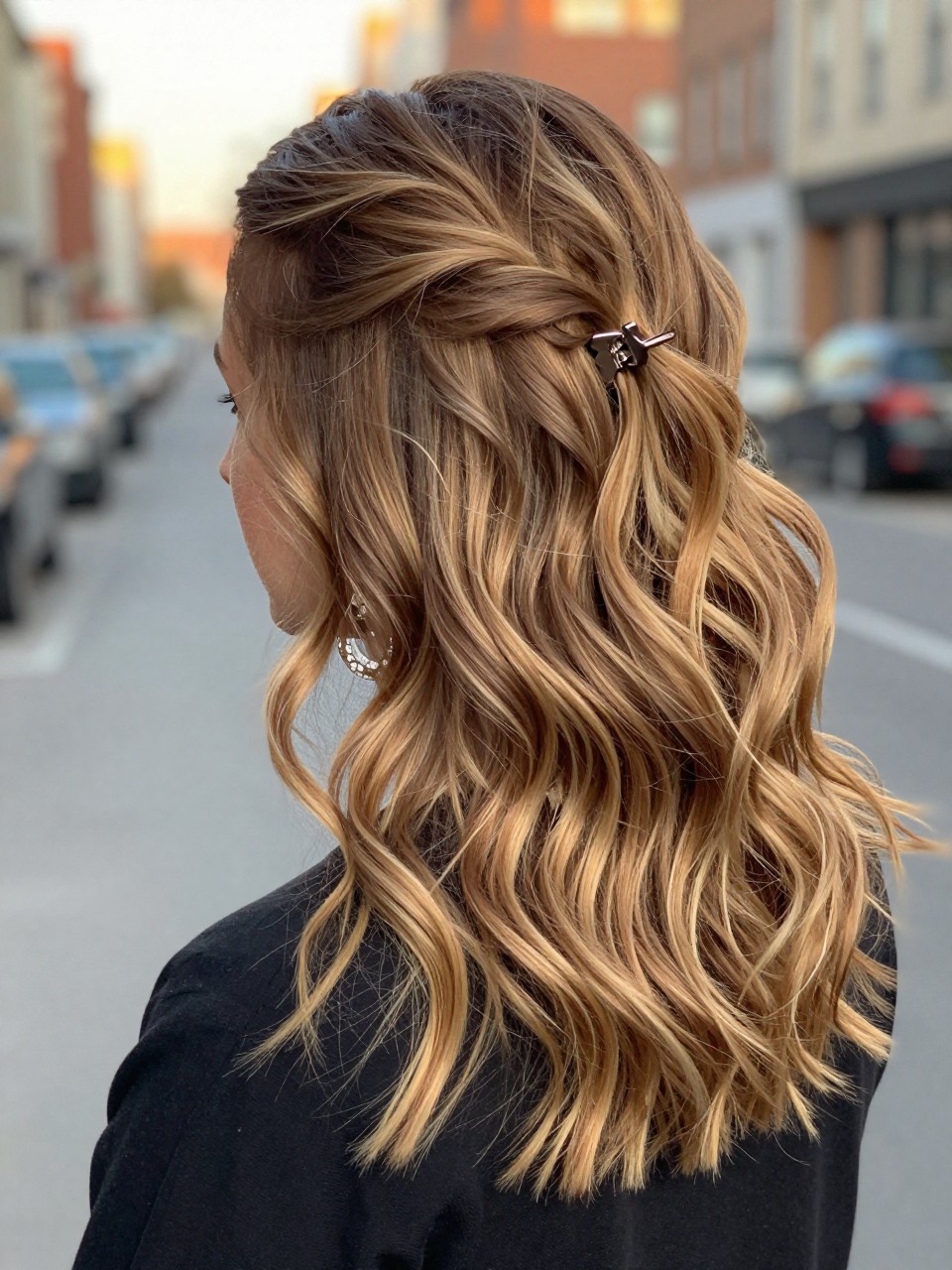 Photo of a woman wearing bronde curly balayage with soft brown and blonde curls, back-of-head view to highlight the blended color, softly blurred city street background, golden hour glow, with a hair clip clipped to her collar and statement earrings peeking through, latest iPhone photo quality.
