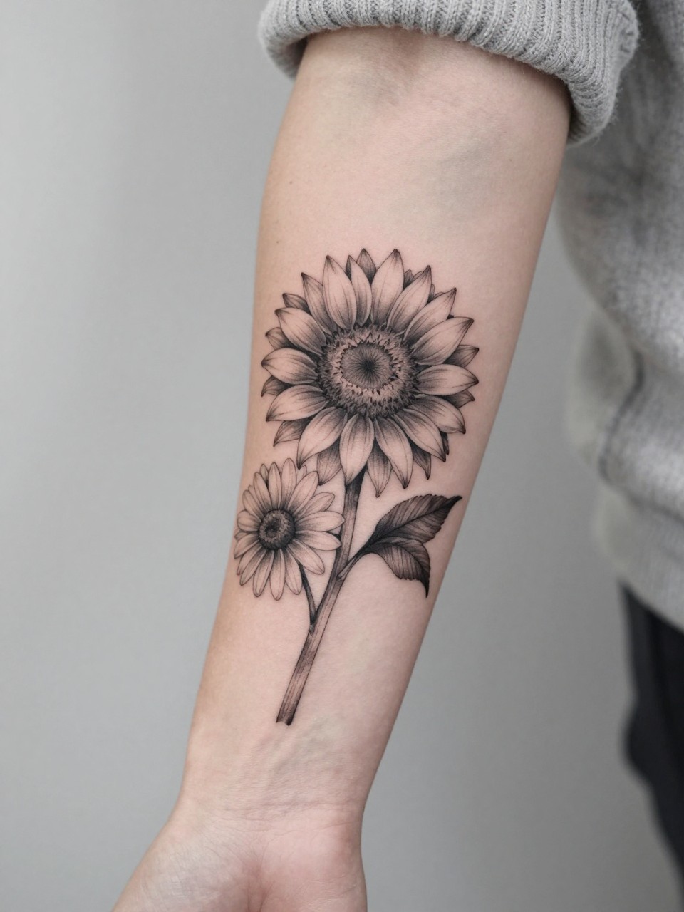 Image Prompt: "Design-focused close-up of a sunflower and daisy sleeve tattoo wrapping around the arm, black and grey ink floral design, layered petals, soft leaf detail, fine line stems, realistic skin texture, neutral manicure, soft knit fabric slightly visible, clean feminine tattoo inspiration image, minimal background, tattoo is the main focus (no watermarks on images)"