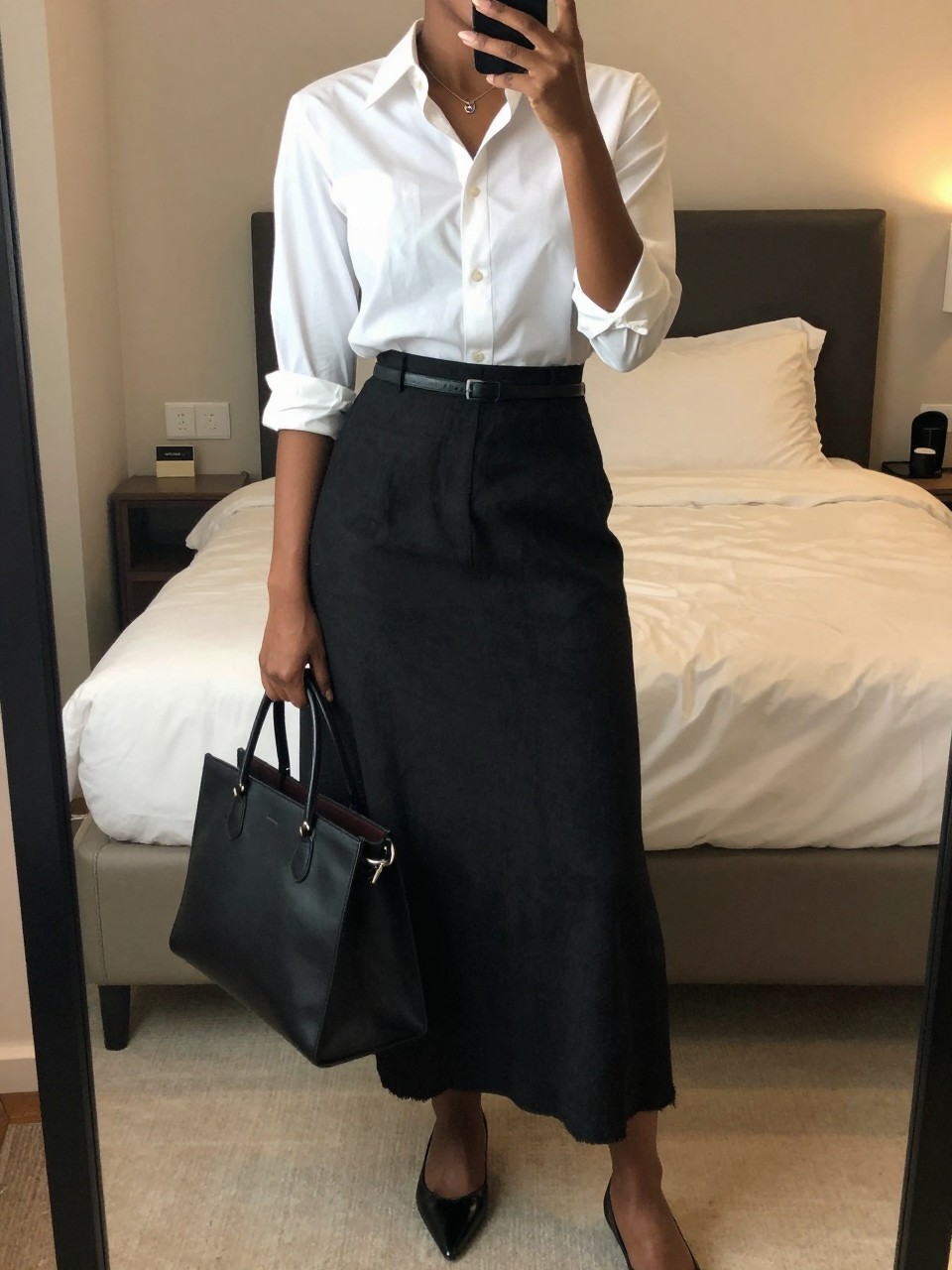 mirror selfie of a black woman wearing a crisp white button-down shirt with rolled sleeves tucked into a black linen maxi skirt with a thin black belt and black pointed flats, holding a structured black tote, standing in a polished professional pose, cropped at NECK so face doesn't show, in a feminine-themed bedroom, warm moody lighting, iPhone photo quality.