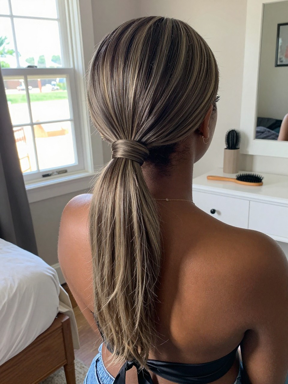 Photo of a black woman wearing a sleek low ponytail with ash brown hair and ash blonde highlights through the tail and ends, back-of-head view to highlight details, in a sun-drenched bedroom, natural window light, containing a small lived-in detail such as a black ribbon tied at the base and a hairbrush on the vanity, latest iPhone photo quality.