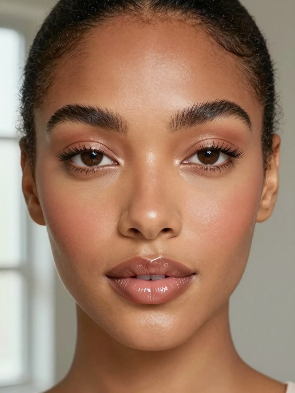 IMAGE_PROMPT: Super realistic close-up beauty portrait of a Black woman wearing clean girl makeup with glowing skin, softly brightened under-eyes, brushed-up fluffy brows, soft rose-brown cream blush, sheer nude glossy lips, natural lashes, and a fresh polished complexion, shot from a front-facing portrait, with soft natural window light that clearly reveals the skin finish, lip gloss shine, and realistic skin texture, realistic skin texture, sleek pulled-back hair, minimal neutral background, feminine modern beauty photography, latest iPhone photo quality (no watermarks on images).